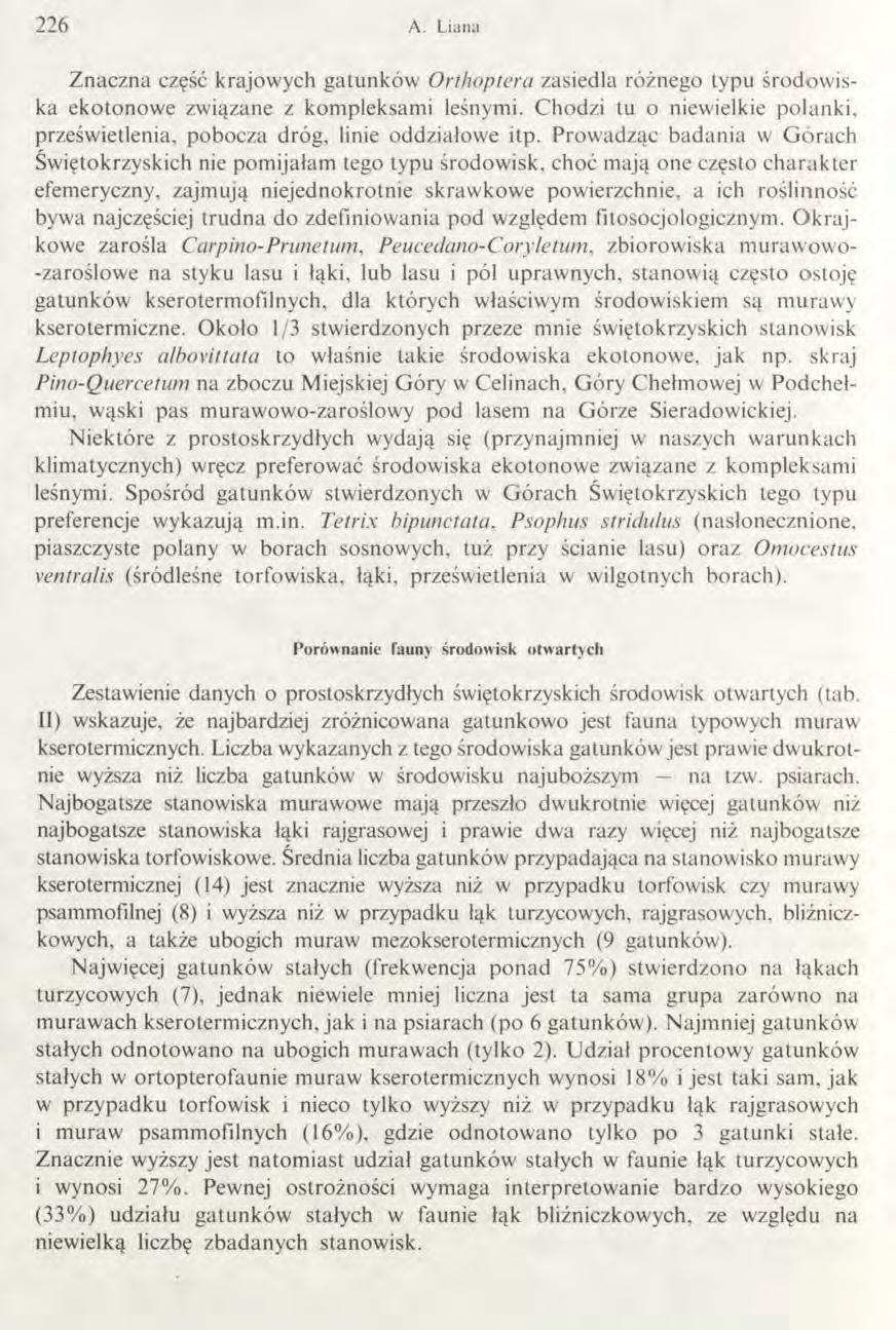 226 A. Liana Znaczna część krajowych gatunków Orthoptera zasiedla różnego typu środowiska ekotonowe związane z kompleksami leśnymi.