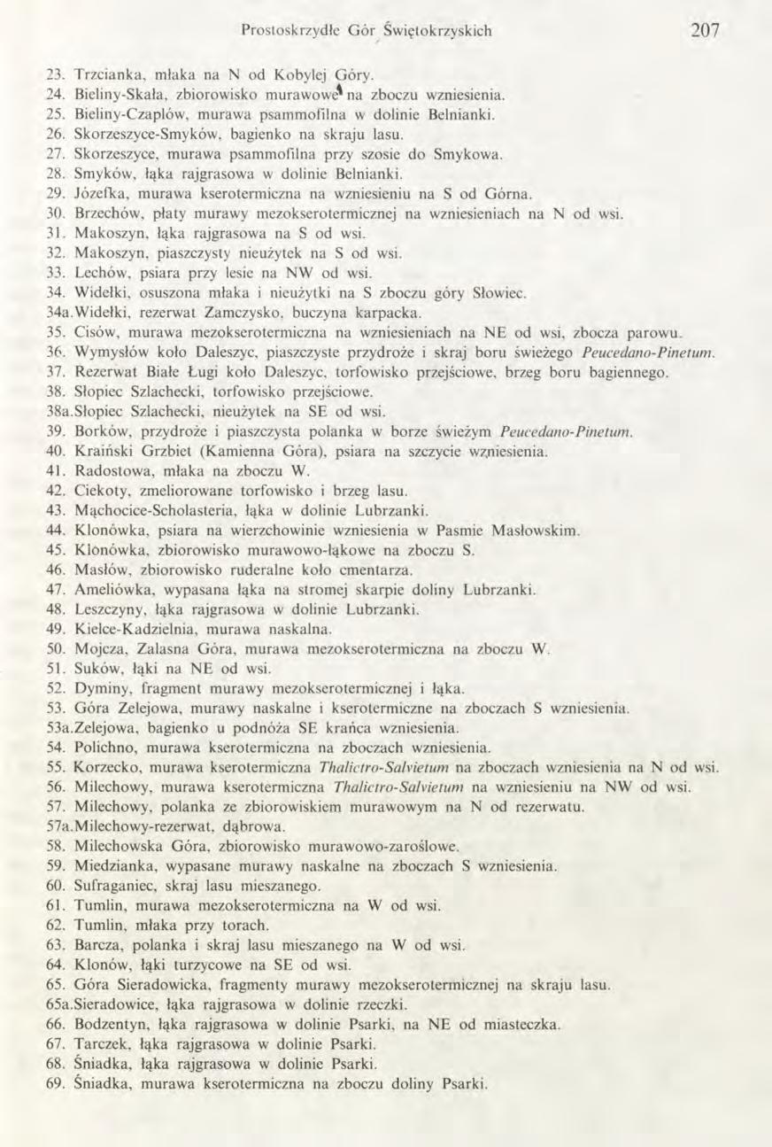 Prostoskrzydłe G ór Świętokrzyskich 207 23. T rzcianka, m łaka na N od Kobylej Góry. 24. Bieiiny-Skała, zbiorowisko murawowe^ na zboczu wzniesienia. 25.
