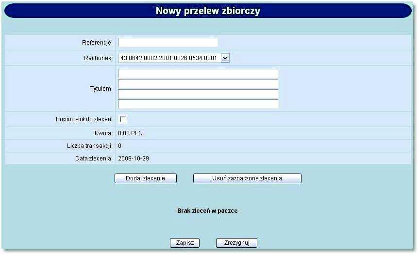 Rozdział 12 Przelewy zbiorcze 12.1. Nowy przelew zbiorczy W celu zdefiniowania nowej paczki przelewów zbiorczych należy wybrać opcję Nowy przelew zbiorczy.