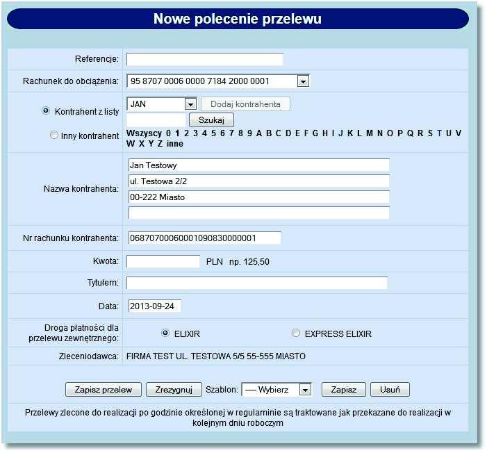 Rozdział 13 Kontrahenci Przy włączonej usłudze AUTORYZACJA_KONTRAHENTOW_I_SZABLONOW zapisanie przelewu z poziomu kartoteki kontrahentów przy użyciu przycisku [Przelew] skutkuje otworzeniem formatki