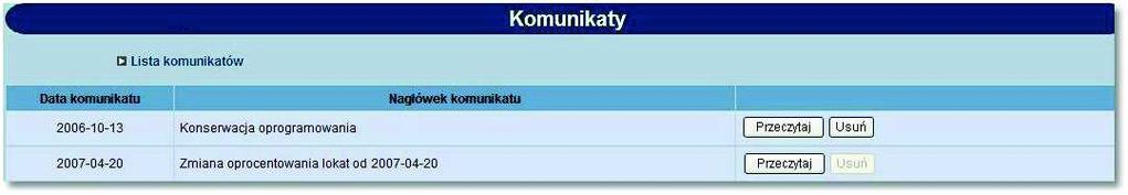 Rozdział 16 Komunikaty Rozdział 16. Komunikaty Za pomocą komunikatów użytkownik jest informowany o zmianach oprocentowania, nowych produktach, promocjach itp.