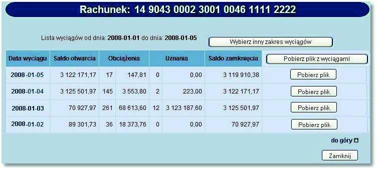 Rozdział 6 Rachunki Dla każdego wyciągu wyświetlone są następujące informacje:! Data wyciągu - data dnia, z jakiego przygotowany jest wyciąg,!