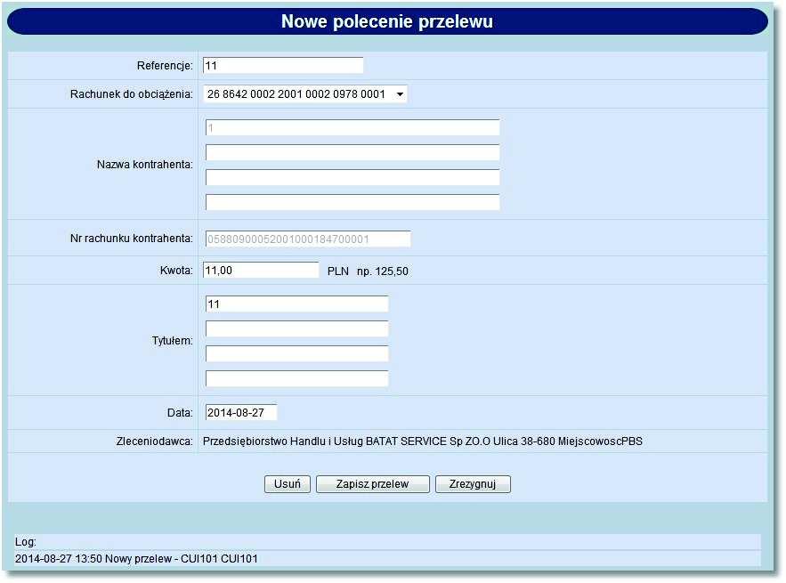 Rozdział 9 Przelewy Przy włączonej usłudze AUTORYZACJA_KONTRAHENTOW_I_SZABLONOW zablokowana jest także możliwość edycji danych kontrahenta w przelewie, który wcześniej zapisany został w systemie z