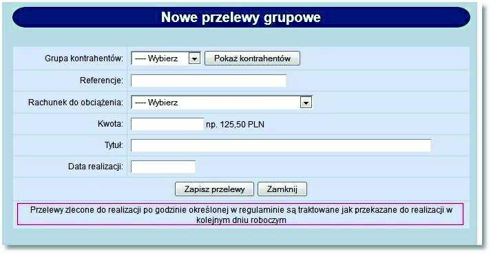 Rozdział 9 Przelewy Komunikat prezentowany jest dla następujących akcji: 1. Przelewy -> Nowy przelew 2. Przelewy -> Nowy przelewu US 3. Przelewy -> Nowy przelewy ZUS 4.