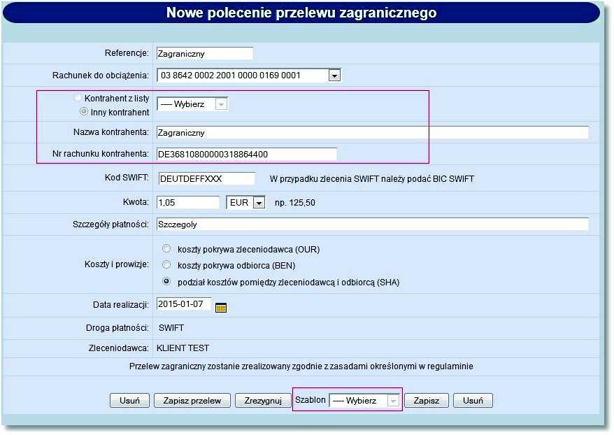 Rozdział 9 Przelewy Uwaga: Jeżeli w systemie uruchomiona jest usługa AUTORYZACJA_KONTRAHENTOW_I_SZABLONOW oraz podczas dodawania przelewu został wybrany kontrahent z listy to pola obsługi kontrahenta