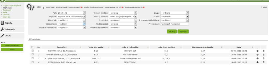 Funkcja umożliwia generowanie zestawieo w formacie CSV grupując w jednym dokumencie dane ze wszystkich wybranych formularzy. Zestawienie umożliwia dokonywanie analiz. 12.