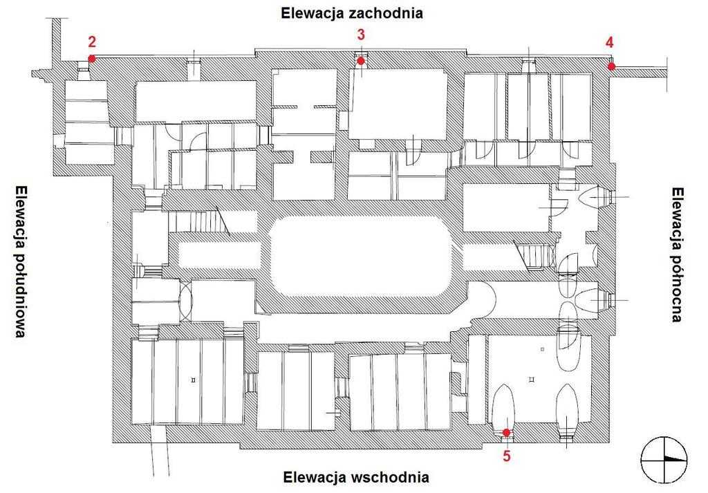 Muzeum Pałacu Króla Jana III w Wilanowie 9/28 Kierunek pomiaru drgań Y X Rysunek 3 Rozmieszczenie punktów pomiarowych w budynku Kordegardy na poziomie piwnicy Pomiary drgań bezwzględnych budynku w