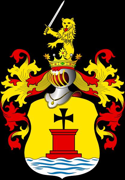 Regawski (Regawski - Tetzlaf). In goldenem Felde an grünem Ufer eines blauen Gewässers ein silberner, mit einem Kranze gezierter Grabstein. Reiske (Raiske, Reschke, Rayski, Rysk).