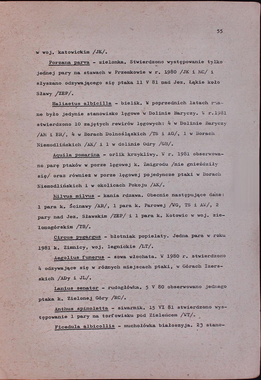55 w woj. katowickim /Jx/. Porzana parwa - zielonka. Stwierdzono występowanie tylko jednej pary na stawach w Przemkowie w r. 1980 /JK i mc/ i słyszano odzywającego się ptaka 11 V 81 nad Jez.