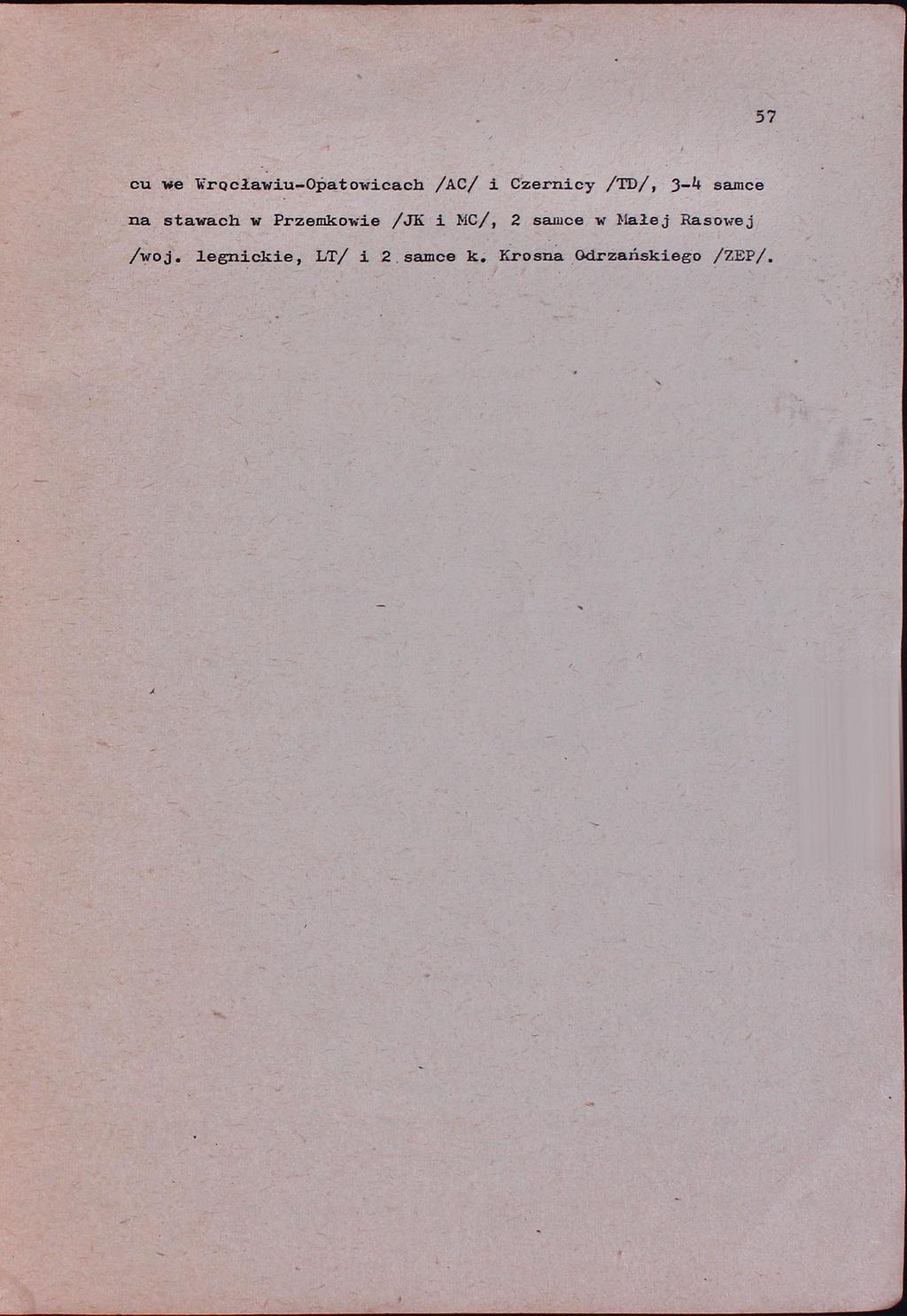 57 cu we Wroclawiu-Oatowicach /AC/ i Czernicy /TD/, 3-4 samce na stawach w Przemkowie /JK