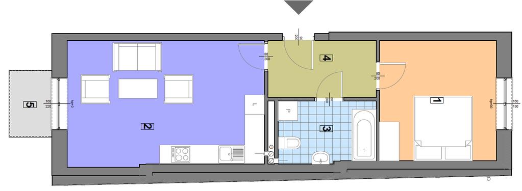 565 zł 2 typ 2-B 1 I 2 Mieszkanie dwupokojowe z tarasem o powierzchni 19,95 m2 Wszystkie okna na południe.