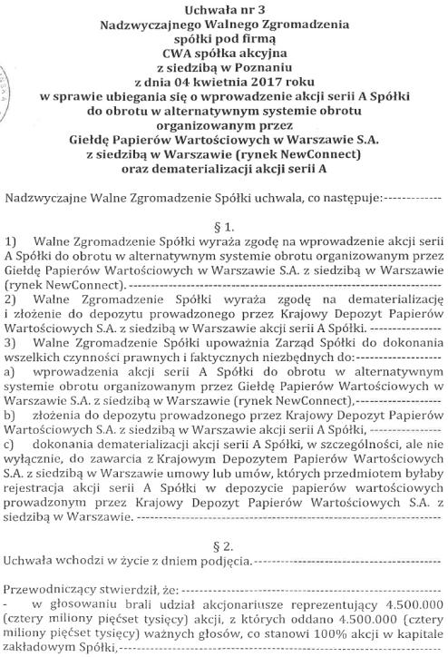 Podstawa wprowadzenia Akcji Serii A Podstawą wprowadzenia Akcji Serii A Emitenta do obrotu na NewConnect jest Uchwała nr 3 Nadzwyczajnego Walnego Zgromadzenia