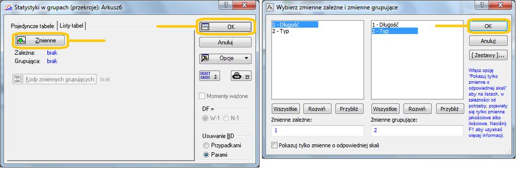 6 Rys.2 Okna po wejściu w Przekroje proste ANOVA. Po kliknięciu OK, wyświetla się okno służące do analizy wariancji.