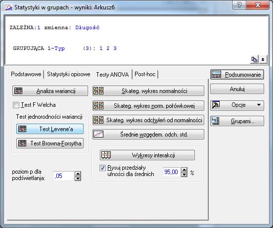 3 Test jednorodności wariancji Do sprawdzenia jednorodności wariancji można wykorzystać na przykład test Levene a dostępny z menu Statystyka/Statystyki podstawowe i