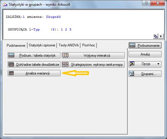 7 2.3 ANOVA Analizę wariancji dokonuje się w zakładce Podstawowe. Rys.4 Okno analizy wariancji. Po wciśnięciu przycisku w Skoroszycie wyświetla się tabelka z wynikiem testu.