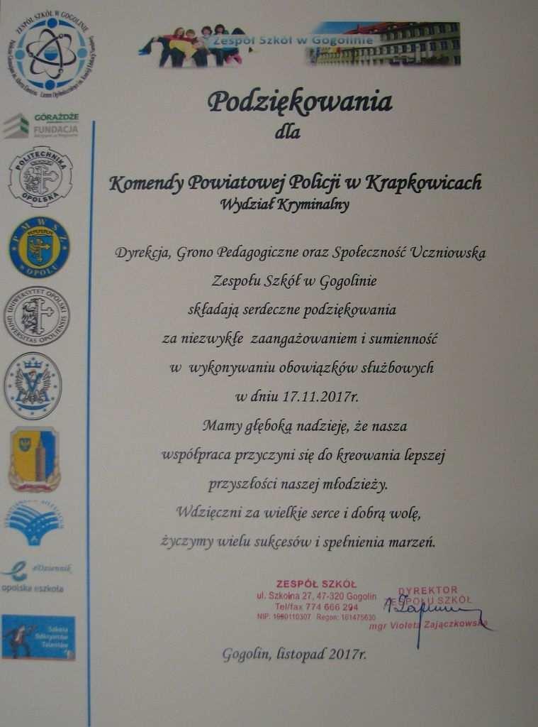 Podziękowanie dla Komendy Powiatowej Policji w Krapkowicach za zabezpieczenie wizyty Prezydenta RP Andrzeja Dudy od Burmistrza