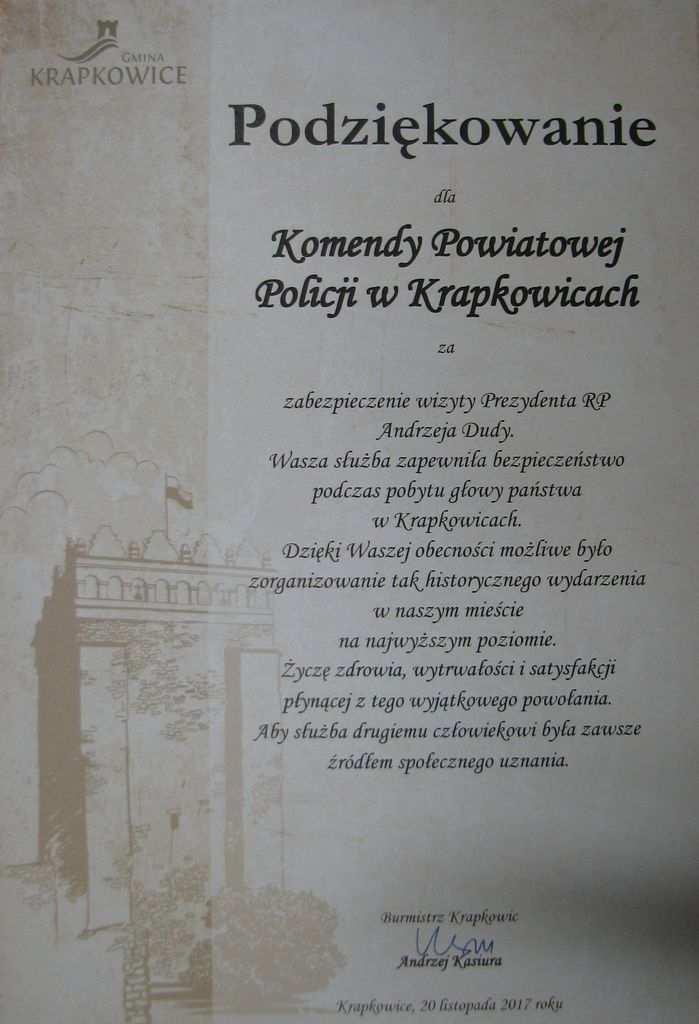 Podziękowanie dla Wydziału Kryminalnego Komendy Powiatowej Policji w Krapkowicach od Dyrekcji, grona pedagogicznego oraz