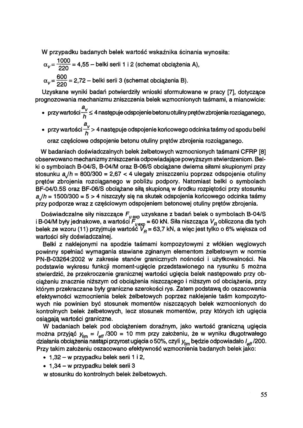 W przypadku badanych belek wartość wskaźnika ścinania wynosiła: = 4,55 - belki serii 1 i 2 (schemat obciążenia A), = 2,72 - belki serii 3 (schemat obciążenia B).