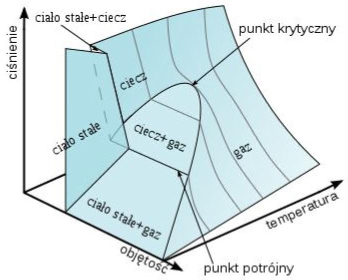 Wykład II Przejścia fazowe 5 Rysunek 3: Trójwymiarowy diagram fazowy wody wraz z izotermami Substancje zwykle zwiększają swoją objętość na skutek zmiany fazy stałej w ciekłą i ciekłej w gazową.