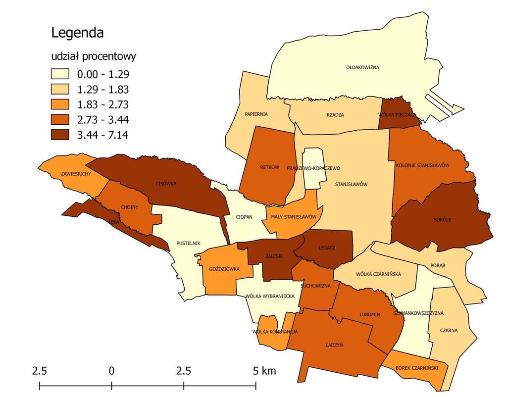 wskaźnika dla całej gminy wyniosła 34,0 Wskaźniku największe przekraczające 100 %, czyli w tych miejscowościach, w których liczba osób w wieku 85 i więcej przewyższała liczbę osób w wieku 50-65,