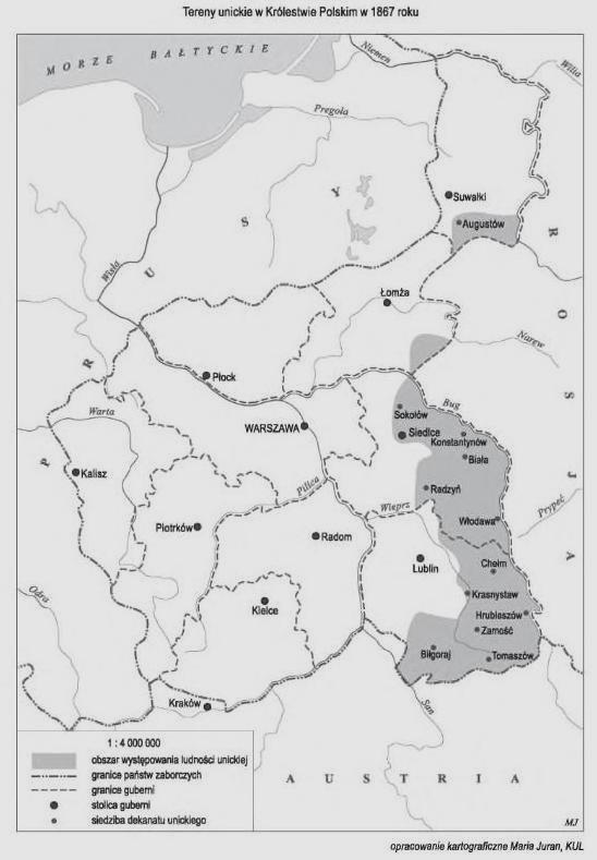 Ziemie polskie zamieszkałe przez Unitów (kolor ciemny) przed rokiem 1867. Chcę w tym miejscu przypomnieć niektóre ukazy, które się ukazały, aby podporządkować Kościół katolicki i jego wyznawców.