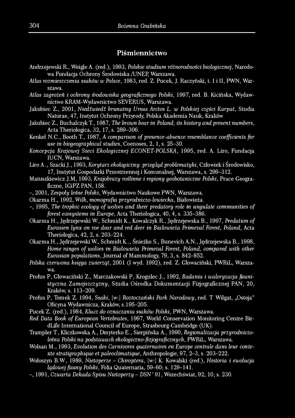 304 Bożenna Grabińska Piśmiennictwo Andrzejewski R., WeigleA. (red.), 1993, Polskie studium różnorodności biologicznej, Narodowa Fundacja Ochrony Środowiska /UNEf^ Warszawa.