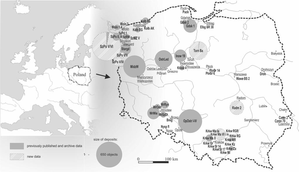 Fig. 4 Locations of the find sites and numbers of medieval wood finds. Abbreviations of site names as in Table 2 Acer (15.4%).
