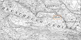200 Filip Duszyński, Piotr Migoń Ryc. 1. Fragment niemieckiej mapy topograficznej Messtischblatt (arkusz Lewin), na której zespół skalny Dziedzińca oznaczono jako Hof. Fig. 1. Fragment of German topographic map Messtischblatt (Lewin sheet), on which Dziedziniec rock complex was marked as Hof.