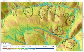 246 Kacper Jancewicz, Piotr Migoń Ryc. 5. Przestrzenny rozkład wskaźnika TWI (Topographic Wetness Index) obliczonego na podstawie numerycznego modelu terenu o rozdzielczości 1 m.