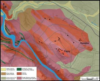 Granitognejsowe formy skalne masywu Gap na Pogórzu Izerskim 257 Ryc. 2. Mapa geologiczna obszaru Gap (na podstawie: Szałamacha 1964, 1976) wraz z rozmieszczeniem form skalnych. Fig. 2. Geological map of the Gapy area (based on Szałamacha 1964, 1976) with distribution of tors.