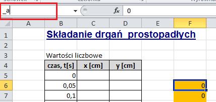 Będziesz mieć wybór możesz w formułach odwoływać się do komórki za pomocą jej adresu lub za pomocą nazwy. 20. Na początek w arkuszu obliczenia komórce F6 nadamy nazwę _a.