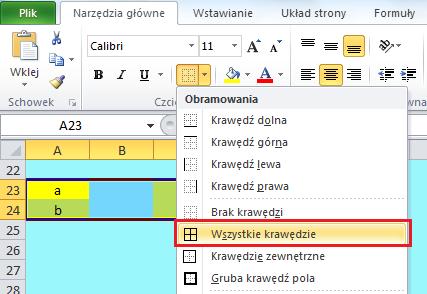 Rysunek 14. Obramowanie tabeli z zakresu A23:C24 4. Teraz wypełnimy wzorami komórki A21 i D21.