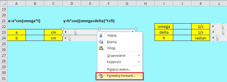 Aktywowaniem ich zajmiemy się w nastepnych punktach. 9. Kliknij prawym klawiszem myszki na pasku przewijania z komórek D23:G23 i z menu podrecznego wybierz Formatuj formant (rys. 17). Rysunek 18.
