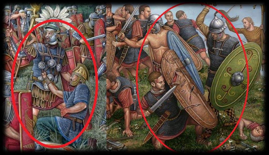 Wykluczone, by centurion wychodził do bitwy z vitisem i nim walczył! (jedna z bardziej kuriozalnych rzeczy, jaką widziałem) Nie przyklękamy po śmierci za tarczą, tkwiąc w ten sposób do końca bitwy.