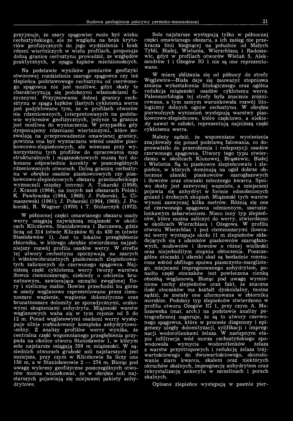 Budowa geologiczna pokrywy permsko-mezozoicznej 21 przyjmuje, że szary spągowiec może być wieku cechsztyńskiego, ale ze względu na brak kryteriów geofizycznych do jego wydzielenia i brak rdzeni