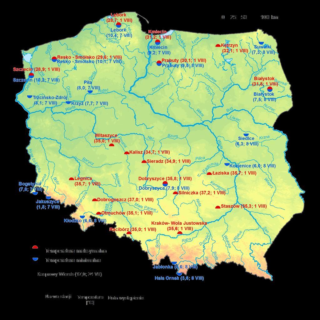 2. Temperatury ekstremalne w regionach Polski