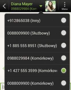 63 Wiadomości Odpowiadanie na inny numer telefonu kontaktu Jeśli kontakt posiada kilka numerów telefonu zapisanych w telefonie HTC Desire SV, pod nazwą kontaktu wyświetlony zostanie konkretny użyty