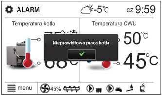 Dla.Użytkowników Konserwacja i usuwanie usterek Konserwacja i usuwanie usterek Informacje ogólne Alarm W.przypadku.występowania.alarmu.w.lewym.górnym.rogu. regulatora.wyświetli. się.powiadomienie.