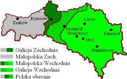 Granica między Galicją Wschodnią a Galicją Zachodnią przebiegała między Sanem a Wisłokiem, powiaty: Łańcut, Przeworsk, Rzeszów, Strzyżów i Krosno należały do Galicji Zachodniej, obejmującej ogółem 29