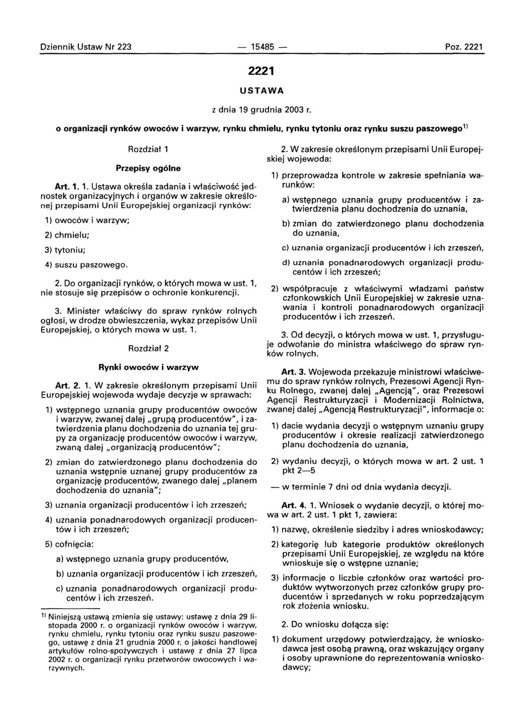 Dziennik Ustaw Nr 223-15485 - Poz. 2221 2221 USTAWA z dnia 19 grudnia 2003 r. o organizacji rynkow owocow i warzyw, rynku chmielu, rynku tytoniu oraz rynku suszu paszoweqo!