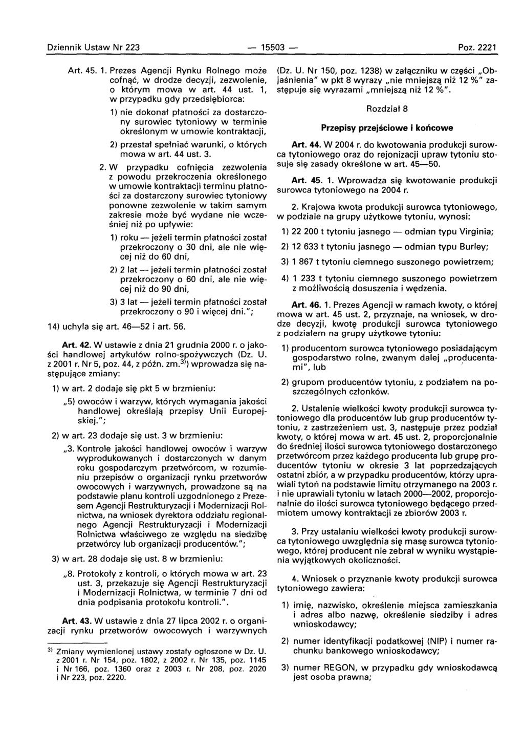 Oziennik Ustaw Nr 223-15503 - Poz. 2221 Art. 45. 1. Prezes Agencji Rynku Rolnego moze cofnac, w drodze decyzji, zezwolenie, o ktorvrn mowa wart. 44 ust.