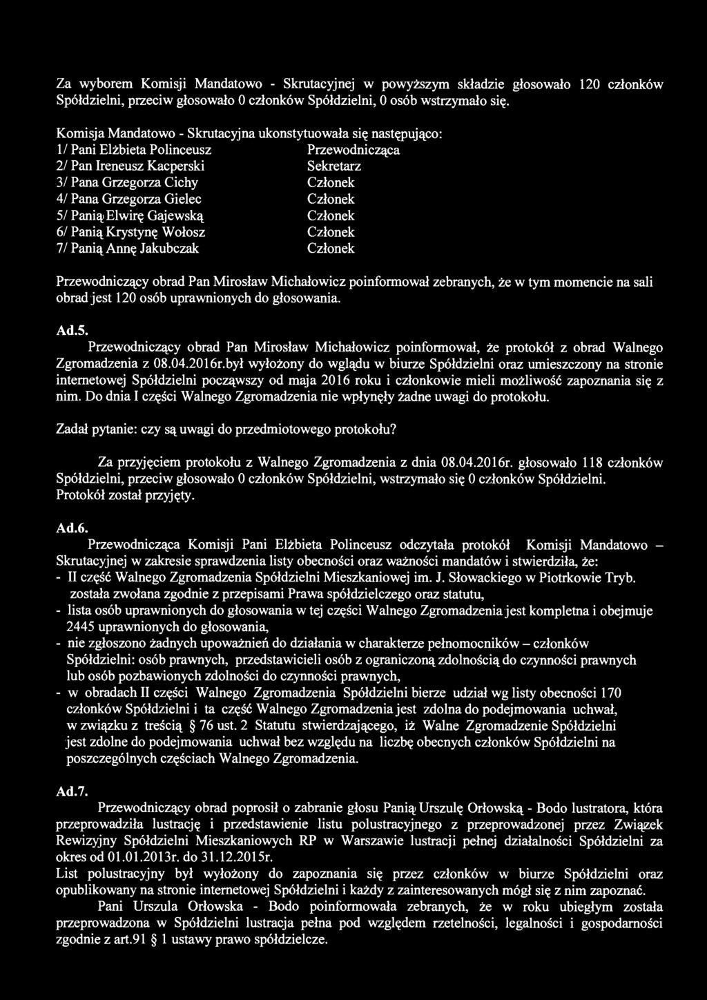 Za wyborem Komisji Mandatowo - Skrutacyjnej w powyższym składzie głosowało 120 członków Spółdzielni, przeciw głosowało 0 członków Spółdzielni, 0 osób wstrzymało się.