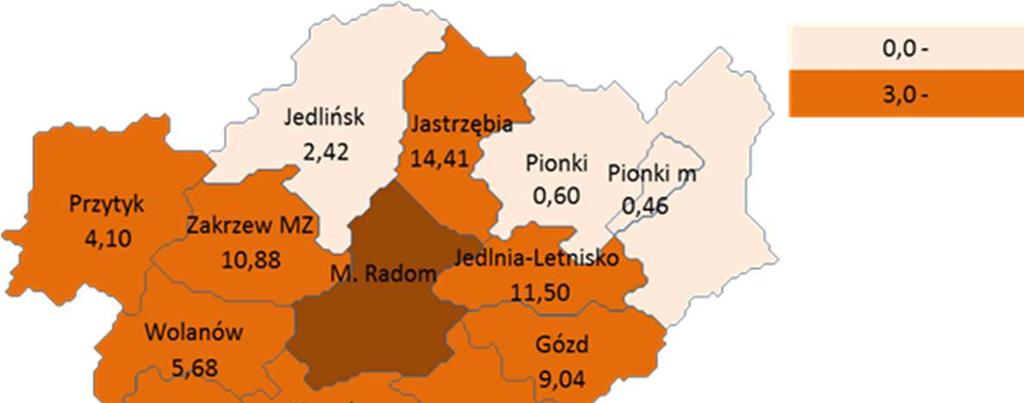 Rysunek 2. Liczba zameldowań z rdzenia MOF na 1000 mieszkańców Kryterium delimitacyjne: wartość wskaźnika powyżej 3 Źródło: opracowanie własne na podstawie danych z gmin dot.