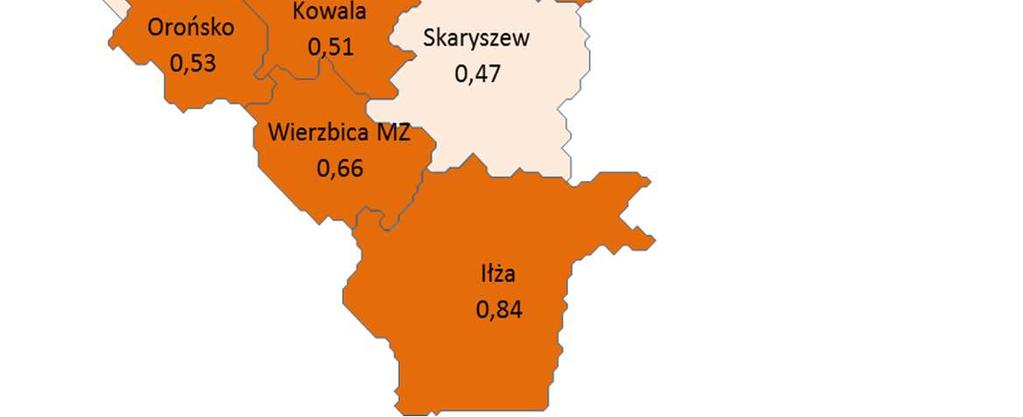 Kryterium delimitacyjne: wartość wskaźnika powyżej 75% wartości średniej dla podregionu radomskiego Źródło: