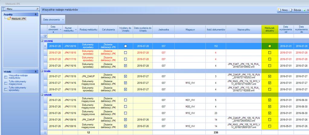 Meldunek ma ustawiony znacznik Aktualny (Rysunek 48) wówczas, gdy wszystkie dokumenty przypisane do meldunku również
