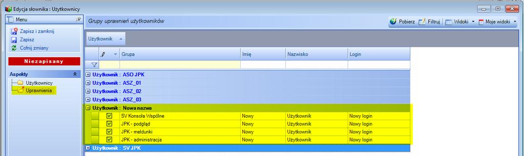 2.2 Uprawnienia Przypisywanie uprawnień użytkowników realizowane jest w oknie edycji