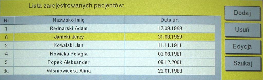 Zakończenie badania następuje po naciśnięciu Koniec. Aparat przechodzi do ekranu z danymi pacjenta skąd moŝna powrócić do normalnej funkcjonalności aparatu EKG poprzez naciśnięcie Zamknij.