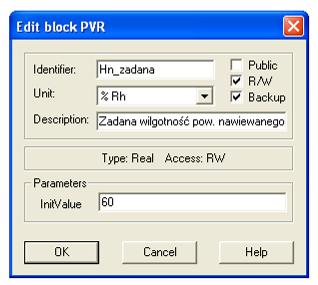 Edytując właściwości bloku (Edit) nadaje się mu nazwę (Identifier, bez cyfr, spacji, i polskich znaków), jednostki sygnału wejściowego (Unit) oraz opis (Description).
