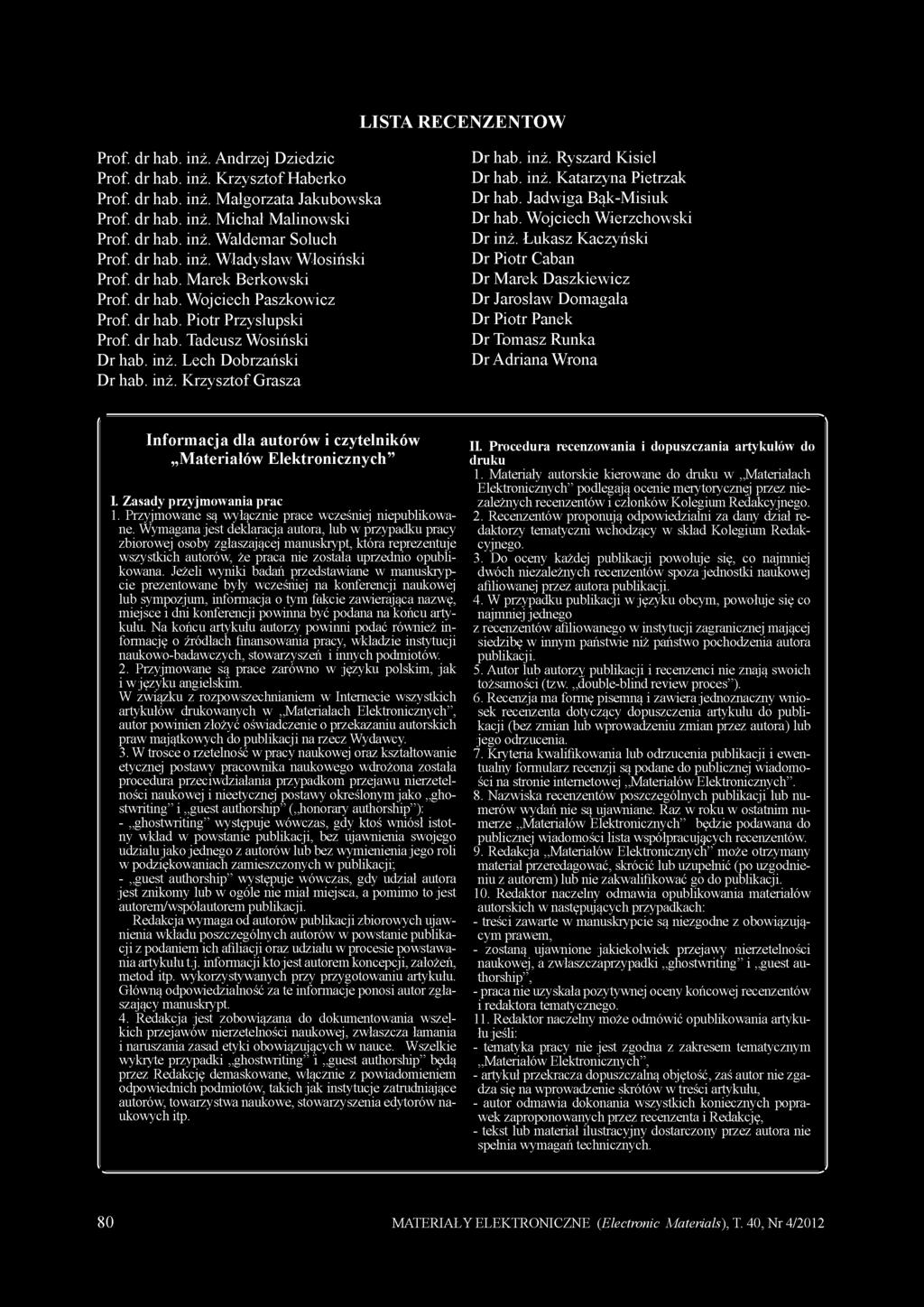LISTA RECENZENTÓW Prof. dr hab. inż. Andrzej Dziedzic Prof. dr hab. inż. Krzysztof Haberko Prof. dr hab. inż. Małgorzata Jakubowska Prof. dr hab. inż. Michał Malinowski Prof. dr hab. inż. Waldemar Soluch Prof.