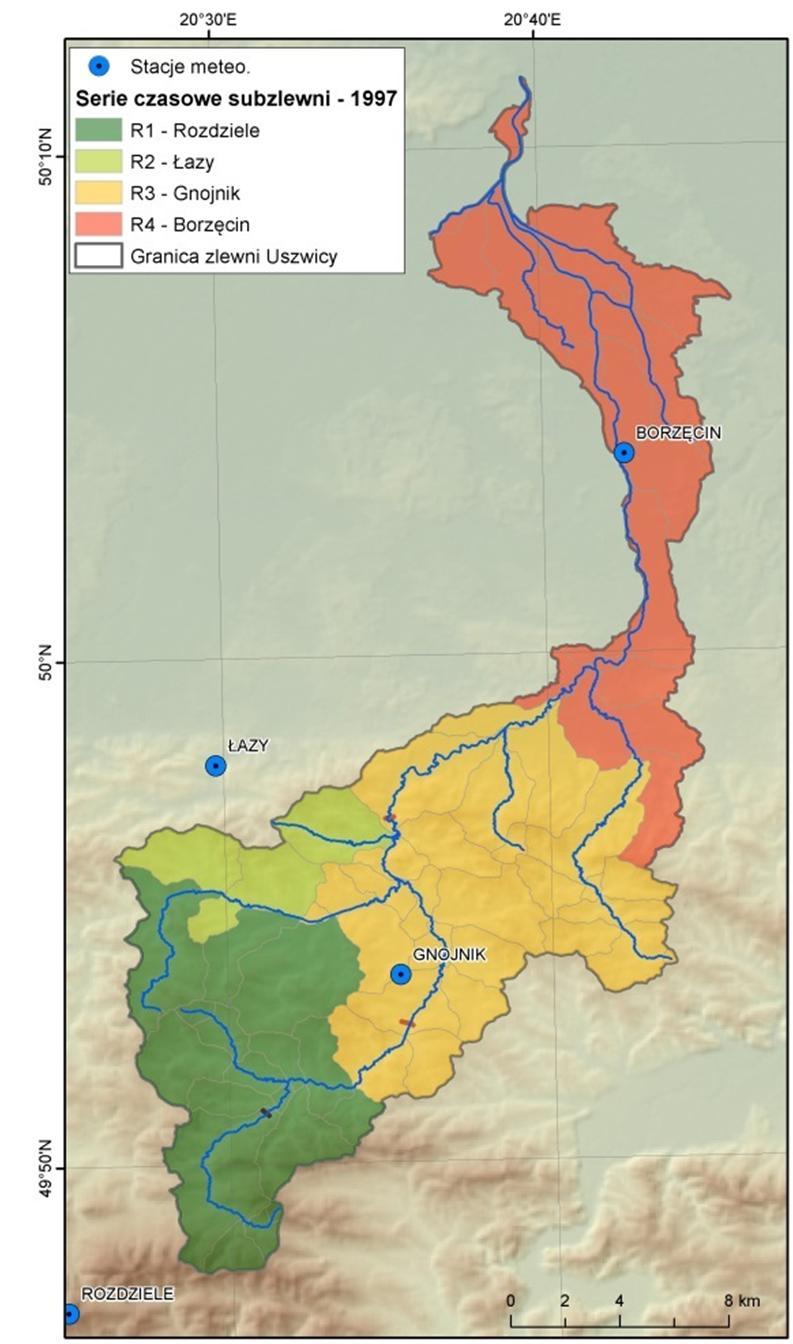 Do modelu hydrologicznego wprowadzono serie czasowe odpowiadające posterunkom opadowym: Rozdziele, Łazy, Gnojnik oraz Borzęcin oraz przypisano te serie poszczególnym zlewniom cząstkowym zgodnie z rys.